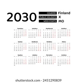 Calendar 2030 Finnish language with Finland public holidays. Week starts from Monday. Graphic design vector illustration.