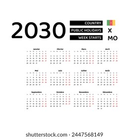 Calendar 2030 French language with Cameroon public holidays. Week starts from Monday. Graphic design vector illustration.