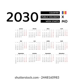 Calendar 2030 French language with Chad public holidays. Week starts from Monday. Graphic design vector illustration.