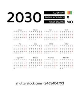 Calendar 2030 French language with Guinea public holidays. Week starts from Monday. Graphic design vector illustration.