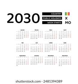 Calendar 2030 French language with Mali public holidays. Week starts from Monday. Graphic design vector illustration.