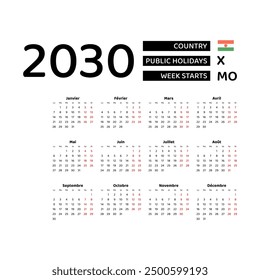 Calendar 2030 French language with Niger public holidays. Week starts from Monday. Graphic design vector illustration.