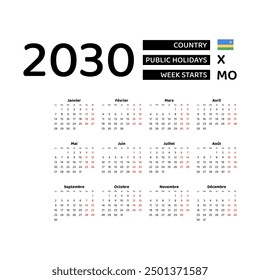 Calendar 2030 French language with Rwanda public holidays. Week starts from Monday. Graphic design vector illustration..