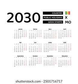 Calendar 2030 French language with Senegal public holidays. Week starts from Monday. Graphic design vector illustration.