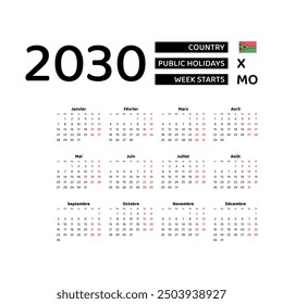 Calendar 2030 French language with Vanuatu public holidays. Week starts from Monday. Graphic design vector illustration.