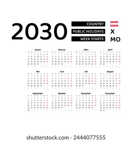 Calendario 2030 Idioma alemán con Austria días festivos. La semana comienza el lunes. Diseño gráfico Ilustración vectorial.