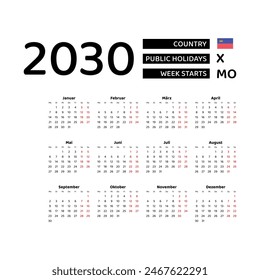 Calendar 2030 German language with Liechtenstein public holidays. Week starts from Monday. Graphic design vector illustration.