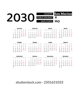 Calendar 2030 Italian language with San Marino public holidays. Week starts from Monday. Graphic design vector illustration..