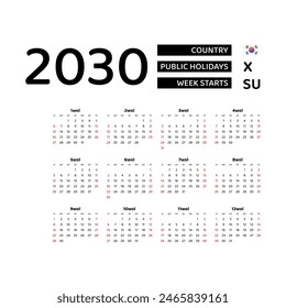 Calendar 2030 Korean language with South Korea public holidays. Week starts from Sunday. Graphic design vector illustration.