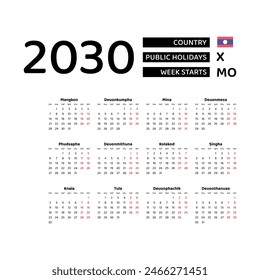 Calendar 2030 Lao language with Laos public holidays. Week starts from Monday. Graphic design vector illustration.