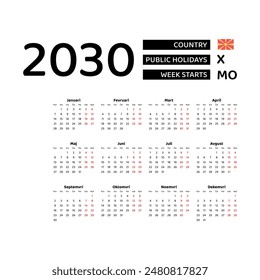 Calendar 2030 Macedonian language with Macedonia public holidays. Week starts from Monday. Graphic design vector illustration.