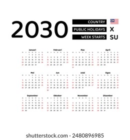 Calendar 2030 Malay language with Malaysia public holidays. Week starts from Sunday. Graphic design vector illustration.