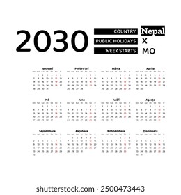 Calendar 2030 Nepali language with Nepal public holidays. Week starts from Monday. Graphic design vector illustration.