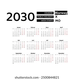 Calendar 2030 Norwegian language with Norway public holidays. Week starts from Monday. Graphic design vector illustration.