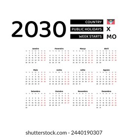 Calendar 2030 Portuguese language with Antigua and Barbuda public holidays. Week starts from Monday. Graphic design vector illustration.