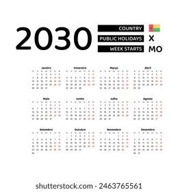 Calendar 2030 Portuguese language with Guinea-Bissau public holidays. Week starts from Monday. Graphic design vector illustration.