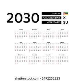 Calendar 2030 Portuguese language with Mozambique public holidays. Week starts from Sunday. Graphic design vector illustration.