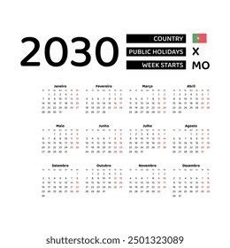 Calendar 2030 Portuguese language with Portugal public holidays. Week starts from Monday. Graphic design vector illustration..