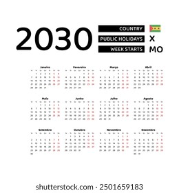 Calendar 2030 Portuguese language with Sao Tome and Principe public holidays. Week starts from Monday. Graphic design vector illustration..