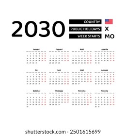 Calendar 2030 Samoan language with Samoa public holidays. Week starts from Monday. Graphic design vector illustration.