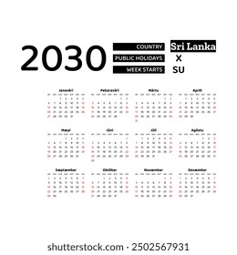 Calendar 2030 Sinhala language with Sri Lanka public holidays. Week starts from Sunday. Graphic design vector illustration.