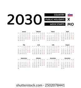 Calendar 2030 Slovenian language with Slovenia public holidays. Week starts from Monday. Graphic design vector illustration.