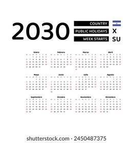 Calendar 2030 Spanish language with El Salvador public holidays. Week starts from Sunday. Graphic design vector illustration.