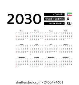 Calendar 2030 Spanish language with Equatorial Guinea public holidays. Week starts from Sunday. Graphic design vector illustration.