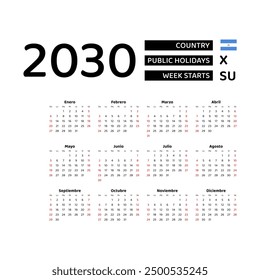 Calendar 2030 Spanish language with Nicaragua public holidays. Week starts from Sunday. Graphic design vector illustration.