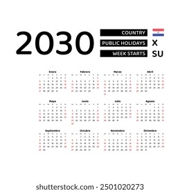 Calendar 2030 Spanish language with Paraguay public holidays. Week starts from Sunday. Graphic design vector illustration.