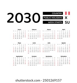 Calendar 2030 Spanish language with Peru public holidays. Week starts from Sunday. Graphic design vector illustration.