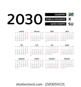 Calendar 2030 Swahili language with Tanzania public holidays. Week starts from Sunday. Graphic design vector illustration.