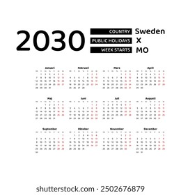 Calendar 2030 Swedish language with Sweden public holidays. Week starts from Monday. Graphic design vector illustration.