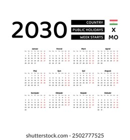 Calendar 2030 Tajik language with Tajikistan public holidays. Week starts from Monday. Graphic design vector illustration.