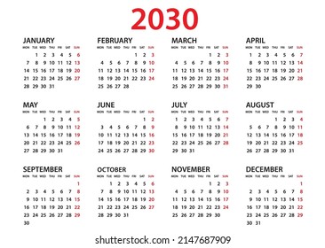 Plantilla de Calendario 2030, Planner 2030 año, plantilla de calendario de pared 2030, Semana Comienza Lunes, Juego de 12 calendarios, publicidad, impresión, organización y negocio, papel, simple mínimo.