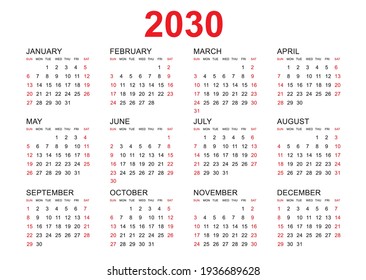 Calendar 2030 template vector, simple minimal design, Planner 2030 year, Wall calendar 2030 year, Week Starts sunday, Set of 12 calendar, advertisement, printing, stationery, organization office