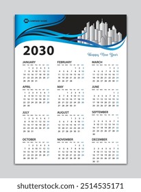 Modelo Calendar 2030, Wall Calendar 2030 Vetor, Design de Calendário de Mesa, Início de Semana Na Segunda-Feira, Pôster, Planejador, Papel de Carta, Impressão, arte vertical, conceito de fundo de onda azul