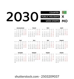 Calendar 2030 Turkmen language with Turkmenistan public holidays. Week starts from Monday. Graphic design vector illustration..