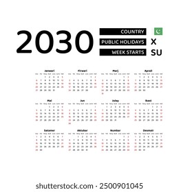 Calendar 2030 Urdu language with Pakistan public holidays. Week starts from Sunday. Graphic design vector illustration.