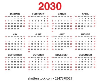 Ilustración vectorial de Calendario 2030 años, Conjunto de 12 meses, semana comienza el domingo, plantilla de planificador simple, calendario de escritorio 2030 año, plantilla de calendario de pared, medios impresos, plantilla corporativa