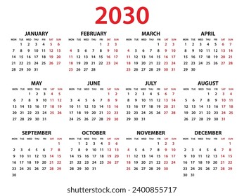 Calendar 2030 year vector illustration, Set of 12 calendar, week starts on Monday, Simple planner template, desk calendar 2030 year, wall calendar 2030 template, print media, corporate template