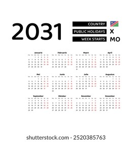 Calendar 2031 Afrikaans language with Namibia public holidays. Week starts from Monday. Graphic design vector illustration.