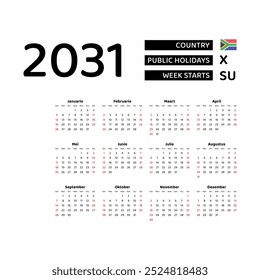 Calendar 2031 Afrikaans language with South Africa public holidays. Week starts from Sunday. Graphic design vector illustration.