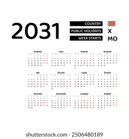 Calendar 2031 Belarusian language with Belarus public holidays. Week starts from Monday. Graphic design vector illustration.