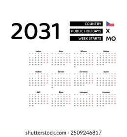 Calendar 2031 Czech language with Czech public holidays. Week starts from Monday. Graphic design vector illustration.