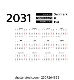 Calendar 2031 Danish language with Denmark public holidays. Week starts from Monday. Graphic design vector illustration.