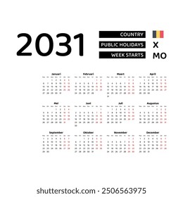 Calendar 2031 Dutch language with Belgium public holidays. Week starts from Monday. Graphic design vector illustration.