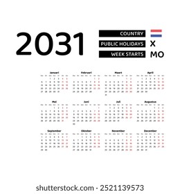 Calendar 2031 Dutch language with Netherlands public holidays. Week starts from Monday. Graphic design vector illustration.