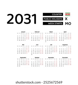 Calendar 2031 Dutch language with Suriname public holidays. Week starts from Monday. Graphic design vector illustration.