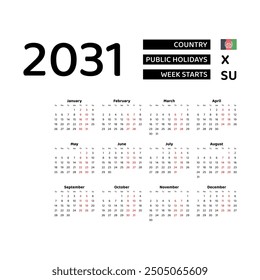 Calendar 2031 English language with Afghanistan public holidays. Week starts from Sunday. Graphic design vector illustration.